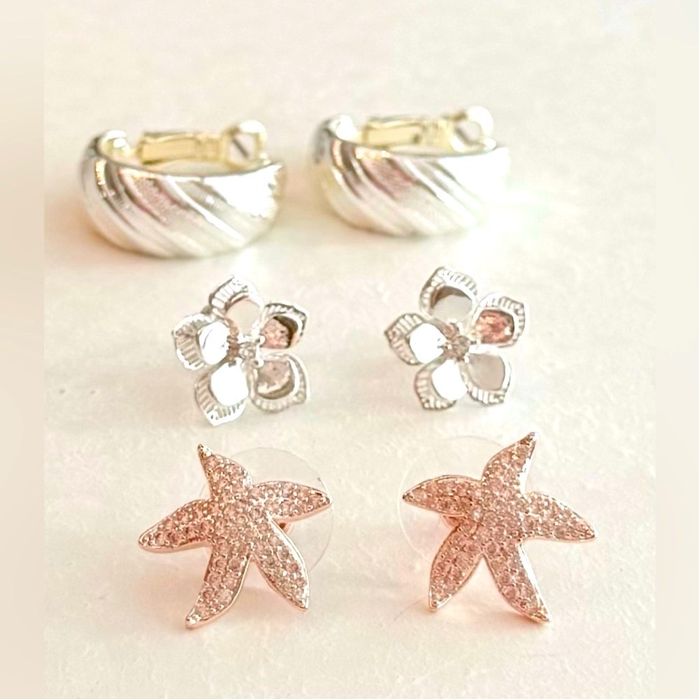 Chic Silver Tone and Rose Tone Earrings Trio